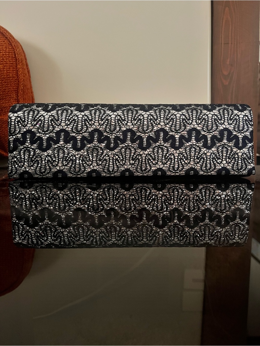 Black and Silver Embroidered Fold-Over Clutch